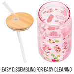 Silver Buffalo Strawberry Shortcake Strawberry Dessert and Jam Pink Glass Jar Tumbler with Bamboo Lid and Glass Straw, 16 Ounces