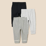 Amazon Essentials Unisex Babies' Cotton Pull-On Pants, Pack of 3, Black/Light Grey Heather/Stripe, 18 Months