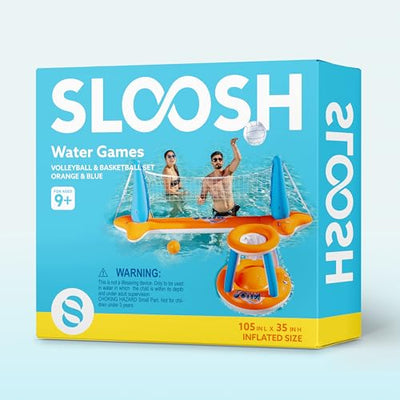 JOYIN Inflatable Pool Float Set Volleyball Net & Basketball Hoops, Floating Swimming Game Toy for Kids and Adults, Summer Floaties, Volleyball Court (105”x28”x38”)|Basketball (27.6”x23”),L-Orange