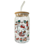 Silver Buffalo Sanrio Hello Kitty Sweet Christmas Holiday Desserts and Gingerbread Houses Glass Jar Tumbler with Bamboo Lid and Glass Straw, 16 Ounces