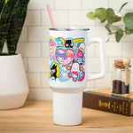 Silver Buffalo Sanrio Hello Kitty and Friends Cinnamoroll, Kuromi, Chococat, Badtz-Maru, Keroppi, etc Sticker Collage Stainless Steel Tumbler w Handle and Straw, Fits in Standard Cup Holder, 40 Ounces