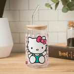 Silver Buffalo Sanrio Hello Kitty Strawberry Milk Bow Pink Polka Dot Glass Jar Tumbler with Bamboo Lid and Glass Straw, 16 Ounces