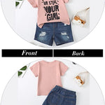 Kucnuzki Toddler Boy Clothes 2T 3T Boys Clothes Pink Shirt Blue Jeans Shorts 2 Piece Outfits Short Set Little Boy Clothes 2 3 Year Old Boy Clothes