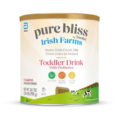 Can of pure bliss Irish Farms toddler drink with probiotics on a white background