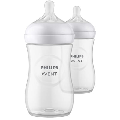 Two Philips Avent baby bottles on a white background