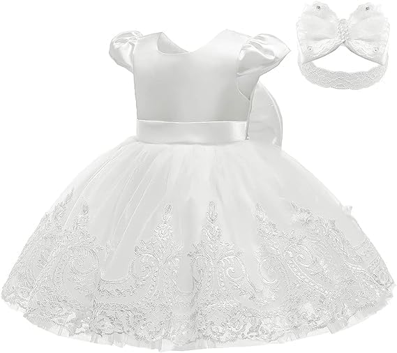 3M-3T Toddler Baby Girls Dresses Pageant Wedding Flower Girls Dress Formal Gowns Embroidered Lace Dress + Headwear