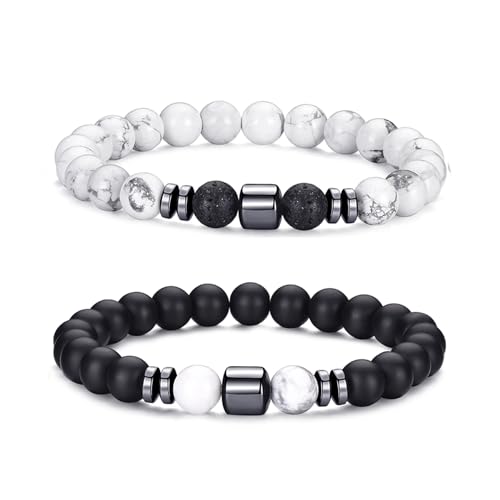 RANKEEF Tiger Eye Bracelet For Men 8MM Natural Stone Beads Bracelet Set Stretch Lava Rock Bracelets Adjustable Black Crystal Beaded Bracelet for Men Women Gifts