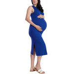 Motherhood Maternity Women's Sleeveless Crew Neck Rib Knit Midi Pregnancy Bodycon Dress, Soladite Blue, Small