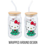 Silver Buffalo Sanrio Hello Kitty in Christmas Tree Holiday Dress Glass Jar Tumbler with Bamboo Lid and Glass Straw, 16 Ounces