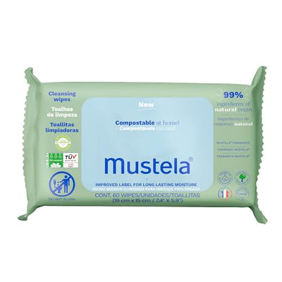 Mustela compostable wipes packaging on a white background
