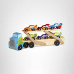 Melissa & Doug Mega Race-Car Carrier - Wooden Tractor and Trailer with 6 Unique Race Cars