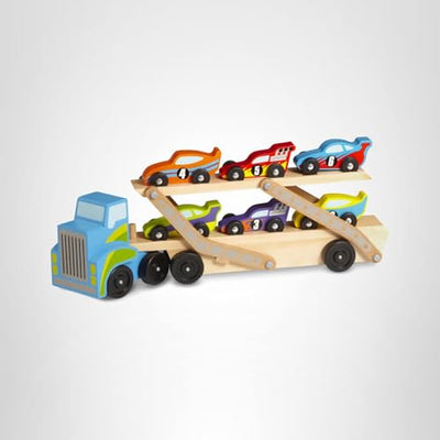 Melissa & Doug Mega Race-Car Carrier - Wooden Tractor and Trailer with 6 Unique Race Cars