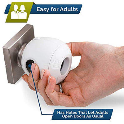 Child Safety Door Knob Cover (4 Pack) Hard-to-Remove Dual-Lock Door Handle Covers for Kids - Reusable Baby Proof Door Knob Locks - Installs Easily, No Tools Needed (White)