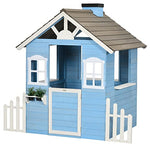 Outsunny Playhouse for Kids Outdoor, Country Style Wooden Playhouse with Flower Pot Holders, Working Door, Windows, Service Stations for 3-7 Years, Blue