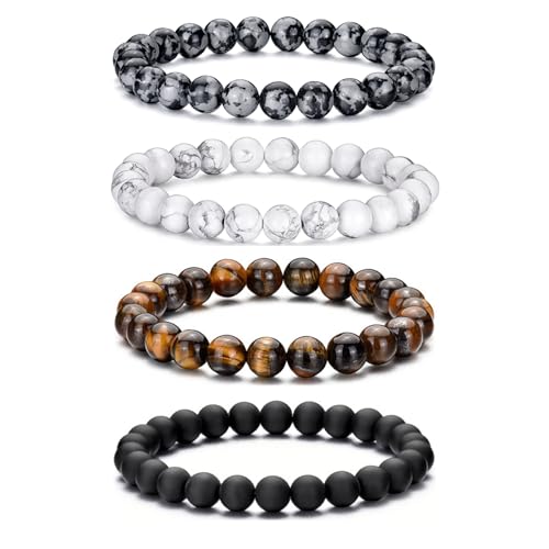 RANKEEF Tiger Eye Bracelet For Men 8MM Natural Stone Beads Bracelet Set Stretch Lava Rock Bracelets Adjustable Black Crystal Beaded Bracelet for Men Women Gifts