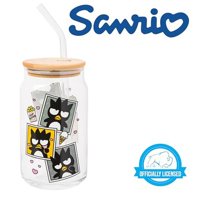Silver Buffalo Sanrio Hello Kitty and Friends Badtz-Maru Polaroids Glass Jar Tumbler with Bamboo Lid and Glass Straw, 16 Ounces