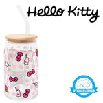 Silver Buffalo Sanrio Hello Kitty Strawberry Milk Bow Pink Polka Dot Glass Jar Tumbler with Bamboo Lid and Glass Straw, 16 Ounces