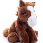 Plush horse toy with a brown body and white face on a white background