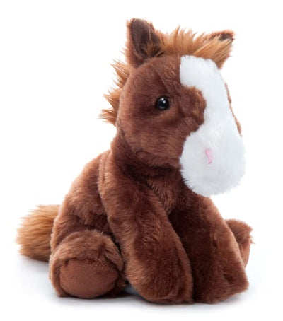 Plush horse toy with a brown body and white face on a white background