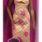 Barbie Fashionistas Doll #233 with Black Hair, Wearing Checkered Orange and Pink Flower Midi Dress with Necklace and Sandals