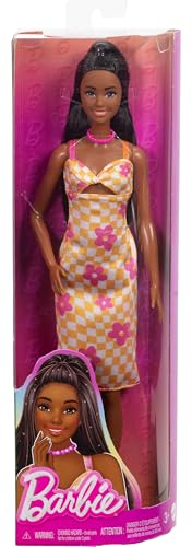 Barbie Fashionistas Doll #233 with Black Hair, Wearing Checkered Orange and Pink Flower Midi Dress with Necklace and Sandals