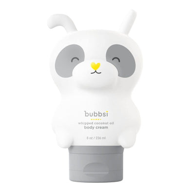 Bubbsi whipped coconut oil body cream with a cartoon panda design on a white background
