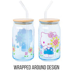 Silver Buffalo Sanrio Hello Kitty Spring Garden Flowers Blue Glass Jar Tumbler with Bamboo Lid and Glass Straw, 16 Ounces