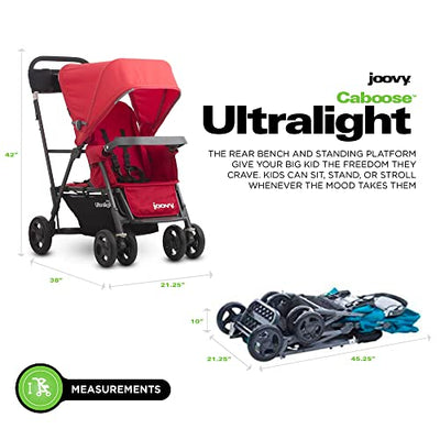 Joovy Caboose Ultralight Sit and Stand Double Stroller with Rear Bench and Standing Platform, 3-Way Reclining Seats, Optional Rear Seat, and Universal Car Seat Adapter (Red)