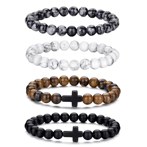 RANKEEF Tiger Eye Bracelet For Men 8MM Natural Stone Beads Bracelet Set Stretch Lava Rock Bracelets Adjustable Black Crystal Beaded Bracelet for Men Women Gifts