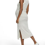 Motherhood Maternity Women's Sleeveless Racerback Rib Knit Midi Pregnancy Bodycon Dress, Vanilla/Black Stripe, Large