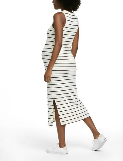 Motherhood Maternity Women's Sleeveless Racerback Rib Knit Midi Pregnancy Bodycon Dress, Vanilla/Black Stripe, Large