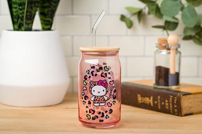 Silver Buffalo Sanrio Hello Kitty Glass Tumbler with Bamboo Lid and Glass Straw, 16 Ounces