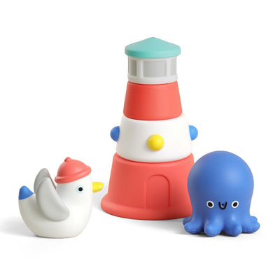 Itzy Ritzy Stack & Squirt Bath Toy Set for Babies and Toddlers – Includes Stackable Lighthouse and Water-Squirting Seagull & Octopus – Perfect for Sensory Bath Play (Nautical)