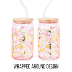 Silver Buffalo Sanrio Hello Kitty Gingerbread Cookies Christmas Holiday Pink and Gold Foil Glass Jar Tumbler with Bamboo Lid and Glass Straw, 16 Ounces