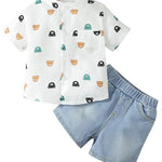 Kucnuzki Toddler Boy Clothes 2T 3T Boys Clothes Short Sleeve Button Up Shirts Blue Jeans Shorts 2 Piece Outfits Short Set Little Boy Clothes 2 3 Year Old Boy Clothes