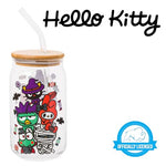 Silver Buffalo Sanrio Hello Kitty & Friends Halloween Spooky Badtz-Maru Frankenstein, Chococat Witch, My Melody Ghost, Keroppi Vampire, Mummy Glass Jar Tumbler w Bamboo Lid and Glass Straw, 16oz