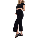 Motherhood Maternity Women's Short Sleeve Crew Neck Side Tie Detail Midi Casual Pregnancy Dress, Black, Small