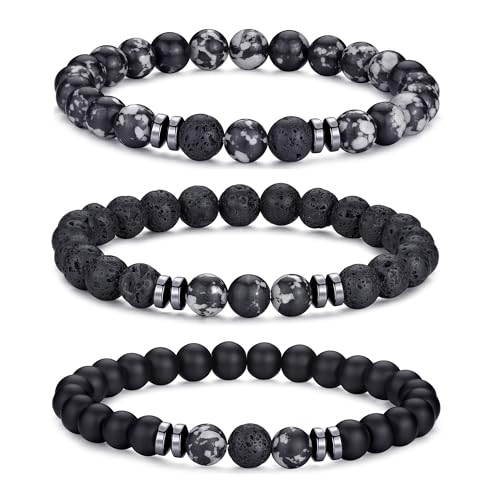 RANKEEF Tiger Eye Bracelet For Men 8MM Natural Stone Beads Bracelet Set Stretch Lava Rock Bracelets Adjustable Black Crystal Beaded Bracelet for Men Women Gifts