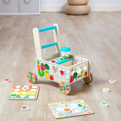 Melissa & Doug Wooden Shape Sorting Grocery Cart Push Toy and Puzzles - Pretend Play Grocery Toys, Sorting and Stacking Toys for Infants and Toddlers Ages 1+ - FSC-Certified Materials