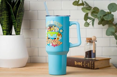 Silver Buffalo Scooby Doo Mystery Machine Featuring Shaggy, Velma, Fred and Daphne Stainless Steel Tumbler with Handle and Straw, Fits in Standard Cup Holder, 40 Ounces