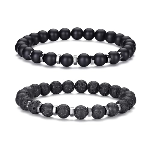 RANKEEF Tiger Eye Bracelet For Men 8MM Natural Stone Beads Bracelet Set Stretch Lava Rock Bracelets Adjustable Black Crystal Beaded Bracelet for Men Women Gifts