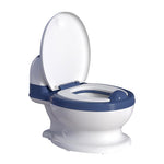 White toilet with a blue seat and lid on a white background