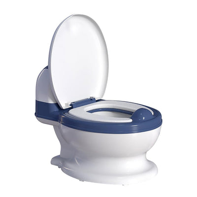 White toilet with a blue seat and lid on a white background