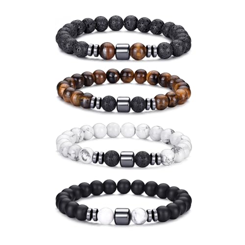 RANKEEF Tiger Eye Bracelet For Men 8MM Natural Stone Beads Bracelet Set Stretch Lava Rock Bracelets Adjustable Black Crystal Beaded Bracelet for Men Women Gifts