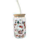 Silver Buffalo Sanrio Hello Kitty Sweet Christmas Holiday Desserts and Gingerbread Houses Glass Jar Tumbler with Bamboo Lid and Glass Straw, 16 Ounces