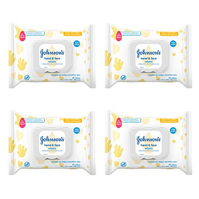 Four packs of Johnson's hand and face wipes on a white background