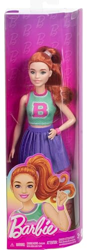 Barbie Fashionistas Doll #232 with Red Hair, Wearing Sporty “B” Jersey Top and Pleated Purple Skirt with Watch and Sneakers