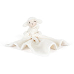 White plush lamb toy with matching blanket on a white background
