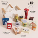 Le Toy Van - Wooden Groceries Toy Play Set & Wooden Scanner for Shopping Role Play | Supermarket Pretend Play Shop with Toy Food