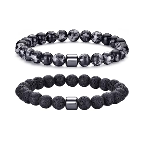 RANKEEF Tiger Eye Bracelet For Men 8MM Natural Stone Beads Bracelet Set Stretch Lava Rock Bracelets Adjustable Black Crystal Beaded Bracelet for Men Women Gifts